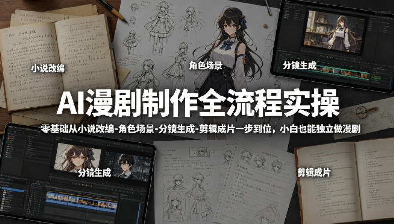 AI漫剧制作全流程实操，零基础从小说改编-角色场景-分镜生成-剪辑成片一步到位，小白也能独立做漫剧-创学资源站