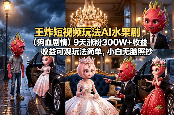 王炸短视频玩法AI水果剧(狗血剧情)9天涨粉300W+收益可观玩法简单，小白无脑照抄，详细拆解玩法-创学资源站