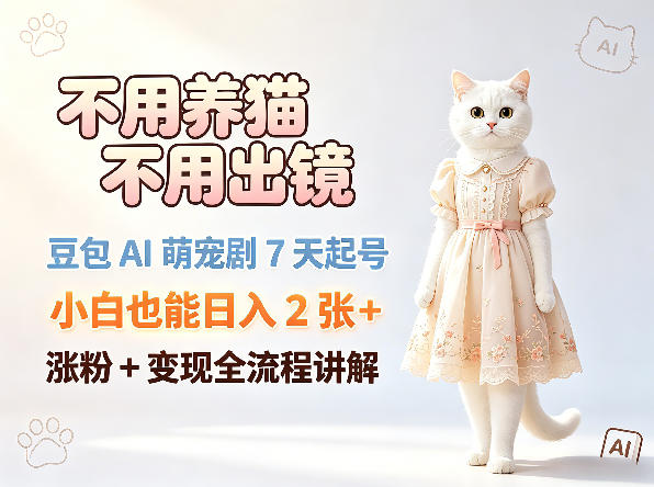 不用养猫不用出镜，豆包AI萌宠剧7天起号，小白也能日入2张+，涨粉+变现全流程讲解-创学资源站