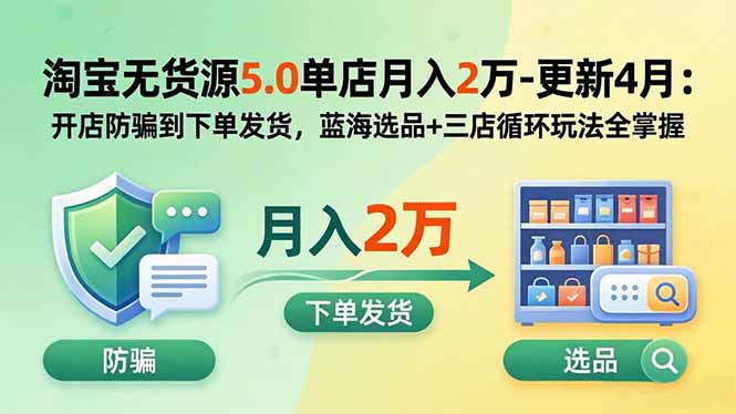 淘宝无货源5.0单店月入2万-更新5月：开店防骗到下单发货，蓝海选品+三店循环玩法全掌握-创学资源站
