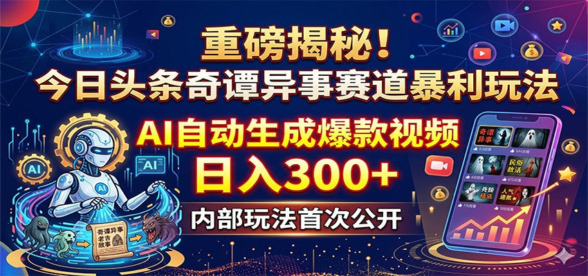 重磅揭秘！今日头条奇谭异事赛道暴利玩法：AI自动生成爆款视频，日入300+-创学资源站