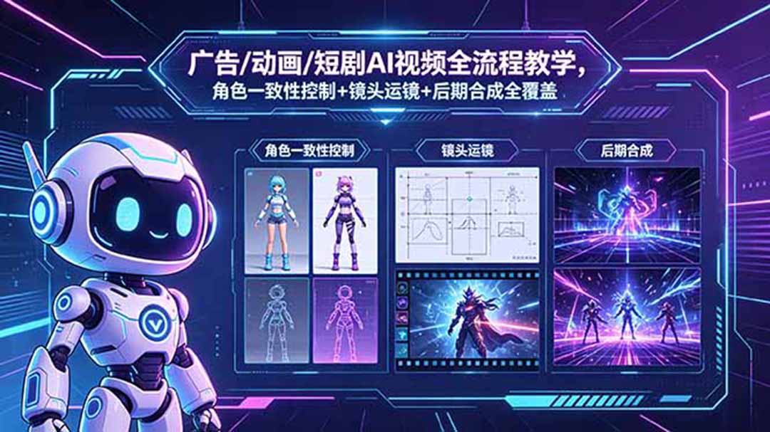 广告/动画/短剧AI视频全流程教学,角色一致性控制+镜头运镜+后期合成全覆盖-创学资源站