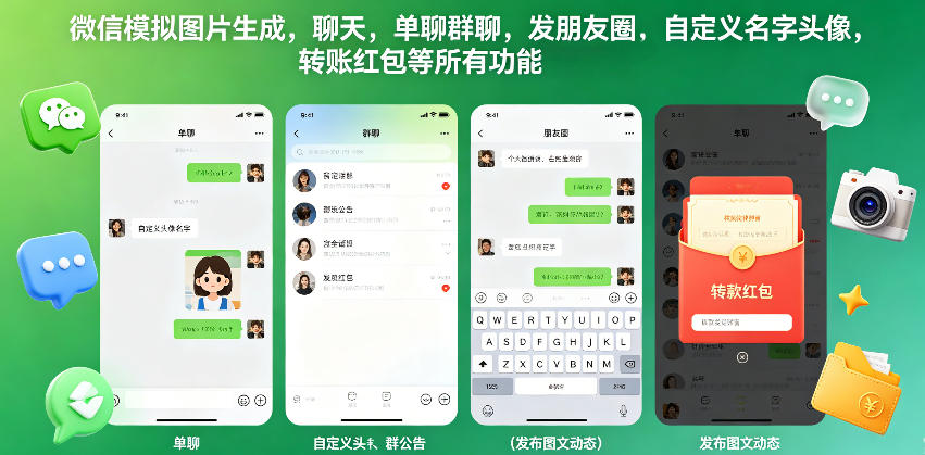 微信模拟图片生成，聊天，单聊群聊，发朋友圈，自定义名字头像，转账红包等所有功能都可以生成-创学资源站