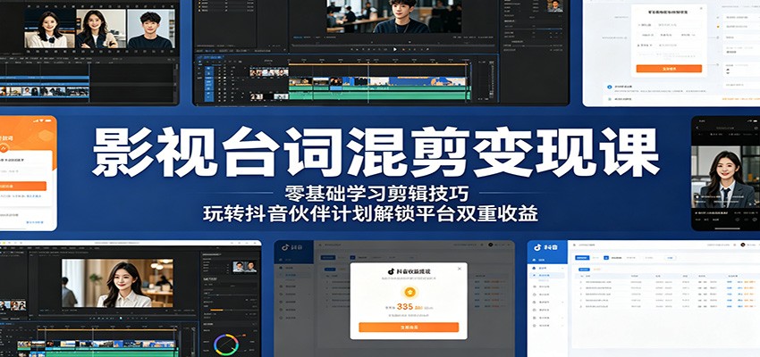 影视台词混剪变现课：零基础学习剪辑技巧，玩转抖音伙伴计划解锁平台双重收益-创学资源站