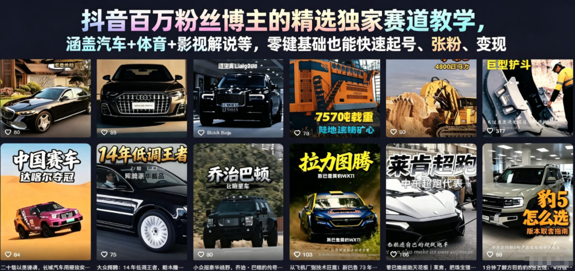 抖音百万粉丝博主的精选独家赛道教学，涵盖汽车+体育+影视解说等，零基础也能快速起号、涨粉、变现-创学资源站