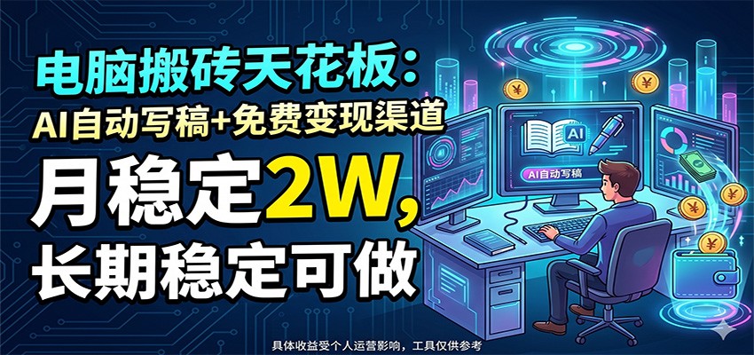 电脑搬砖天花板：AI自动写稿+免费变现渠道，月稳定2W，长期稳定可做-创学资源站