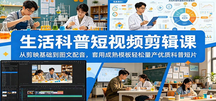 生活科普短视频剪辑课：从剪映基础到图文配音，套用成熟模板轻松量产优质科普短片-创学资源站