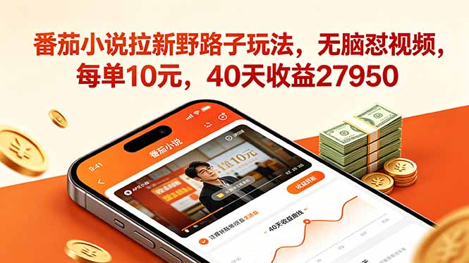 番茄小说拉新野路子玩法，无脑怼视频，每单10元，40天收益27950-创学资源站