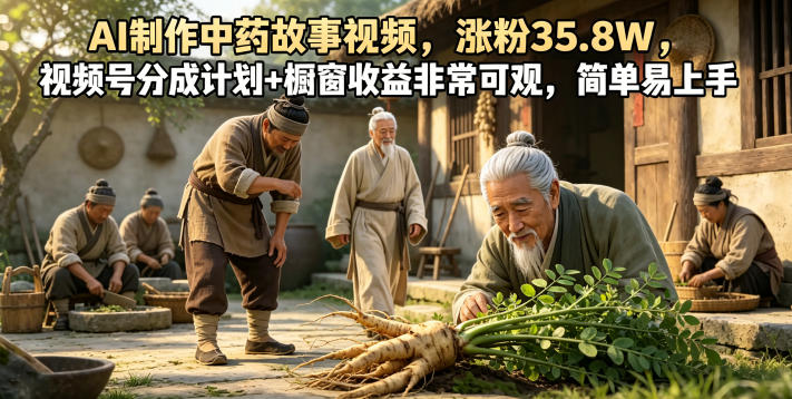 AI制作中药故事视频，涨粉35.8W，视频号分成计划+橱窗收益非常可观，简单易上手-创学资源站