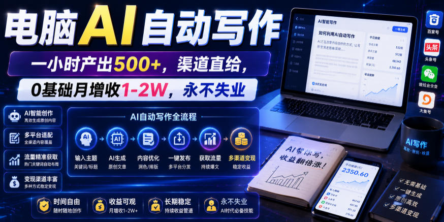 电脑AI自动写作，一小时产出500+，渠道直给，0基础月增收1-2W，永不失业【揭秘】-创学资源站