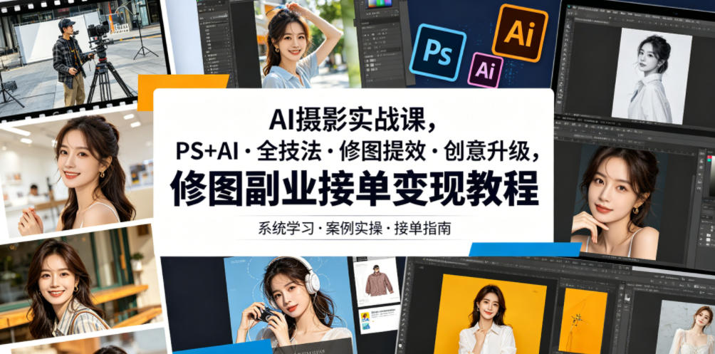AI摄影实战课，PS+AI・全技法・修图提效・创意升级，修图副业接单变现教程-创学资源站