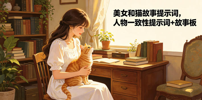 美女和猫故事提示词，人物一致性提示词+故事板-创学资源站