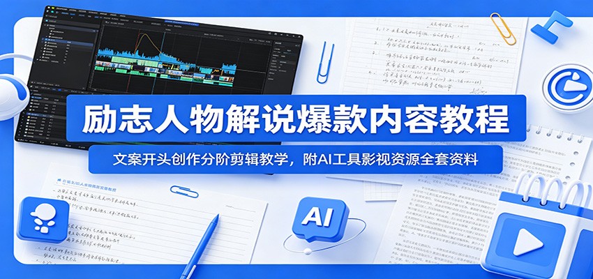 励志人物解说爆款内容教程：文案开头创作分阶剪辑教学，附AI 工具影视资源全套资料-创学资源站