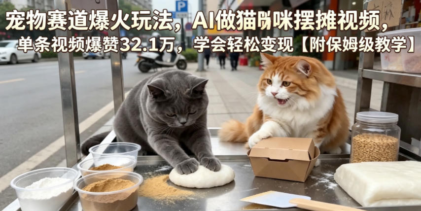宠物赛道爆火玩法，AI做猫咪摆摊视频，单条视频爆赞32.1万，学会轻松变现【附保姆级教学】-创学资源站