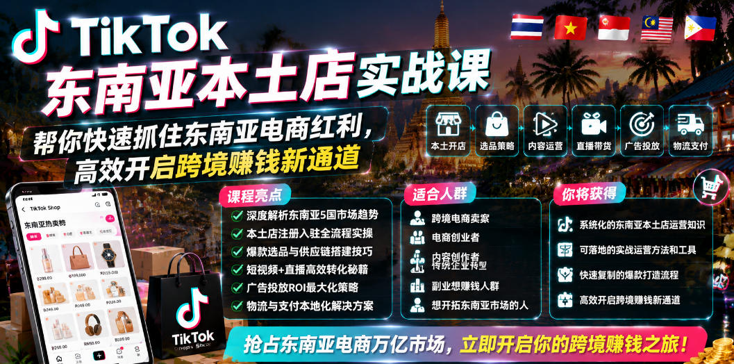 TikTok东南亚本土店实战课,帮你快速抓住东南亚电商红利,高效开启跨境賺钱新通道-创学资源站