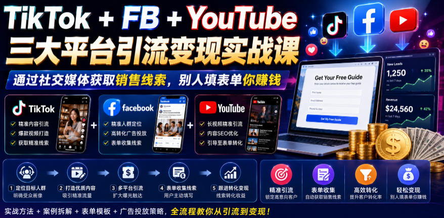 TikTok+FB+YouTube三大平台引流变现实战课,通过社交媒体获取销售线索,别人填表单你賺钱【原创双语字幕】-创学资源站