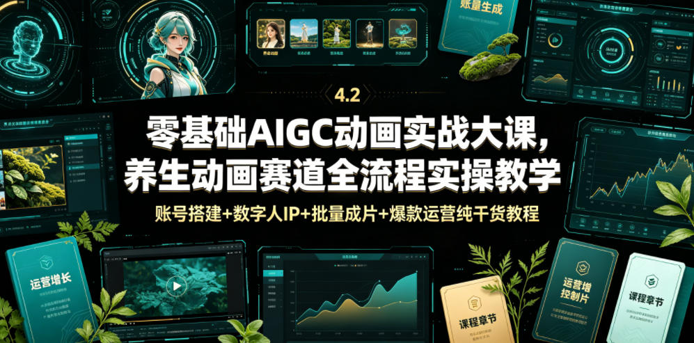 零基础AIGC动画实战大课，养生动画赛道全流程实操教学，账号搭建+数字人IP+批量成片+爆款运营纯干货教程-创学资源站