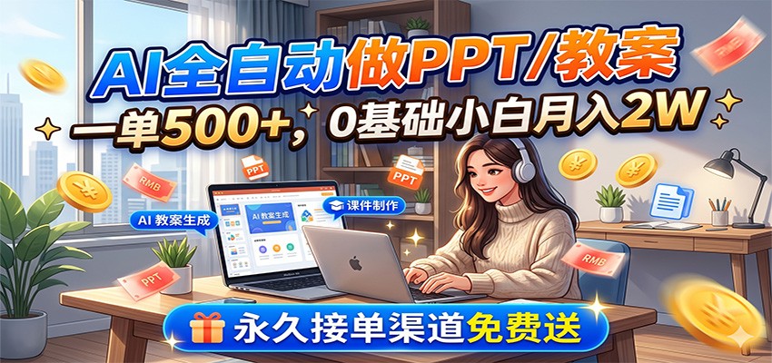 AI全自动做PPT/教案，一单500+，0基础小白月入2W，永久接单渠道免费送-创学资源站