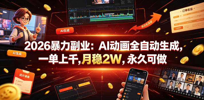2026暴力副业：AI动画全自动生成，一单上千，月稳2W，永久可做【揭秘】-创学资源站