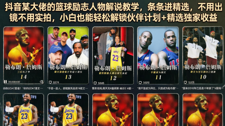 抖音某大佬的篮球励志人物解说教学，条条进精选，不用出镜不用实拍，小白也能轻松解锁伙伴计划+精选独家收益-创学资源站