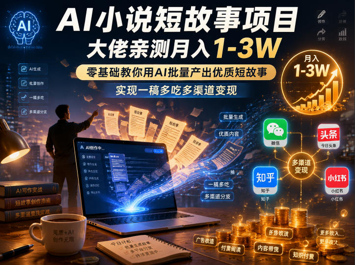 AI小说短故事项目，大佬亲测月入1-3W，零基础教你用AI批量产出优质短故事，实现一稿多吃多渠道变现(更新0624)-创学资源站