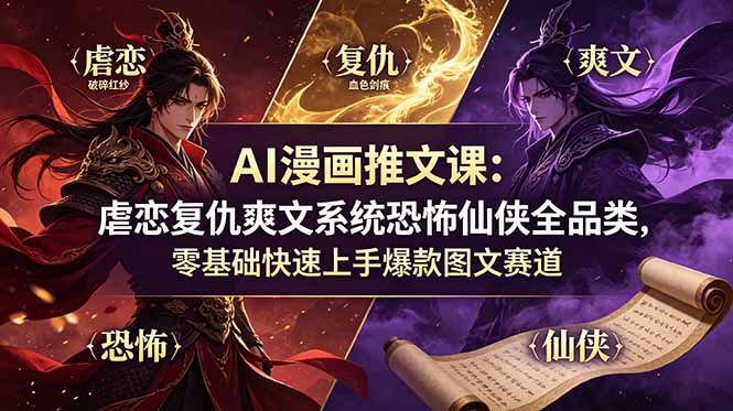 AI漫画推文课：虐恋复仇爽文系统恐怖仙侠全品类，零基础快速上手爆款图文赛道-创学资源站