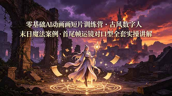 零基础AI动画短片训练营，古风数字人末日魔法案例，首尾帧运镜对口型全套实操讲解-创学资源站