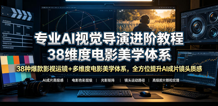 专业AI视觉导演进阶教程，38种爆款影视运镜+多维度电影美学体系，全方位提升AI成片高级感与镜头质感-创学资源站