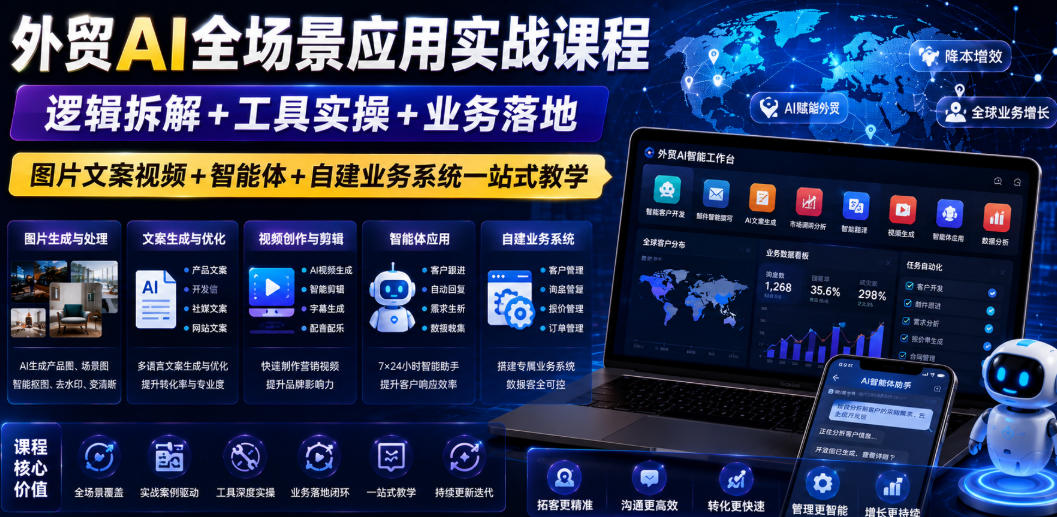 外贸AI全场景应用实战课程｜逻辑拆解+工具实操+业务落地，图片文案视频+智能体+自建业务系统一站式教学-创学资源站