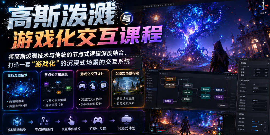 高斯泼溅与游戏化交互课程，将高斯泼溅技术与传统的节点式逻辑深度结合，打造一套“游戏化”的沉浸式场景的交互系统-创学资源站