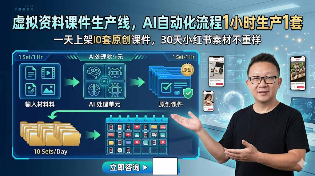 虚拟资料课件生产线，AI自动化流程1小时生产1套，一天上架10套原创课件，30天小红书素材不重样-创学资源站