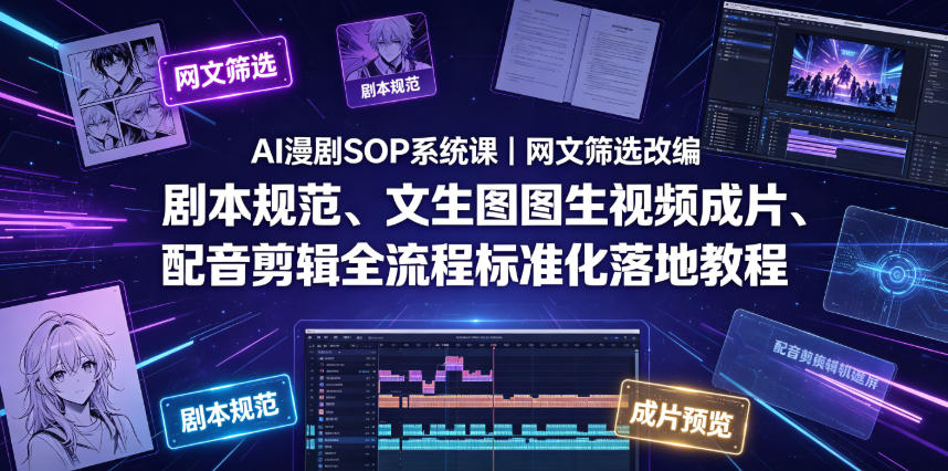 AI漫剧SOP系统课|网文筛选改编、剧本规范、文生图图生视频成片、配音剪辑全流程标准化落地教程-创学资源站