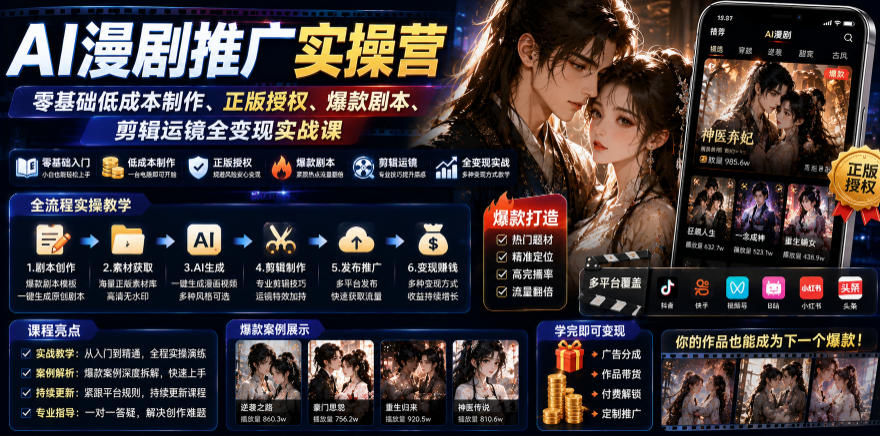 AI漫剧推广实操营｜零基础低成本制作、正版授权、爆款剧本、剪辑运镜全变现实战课-创学资源站