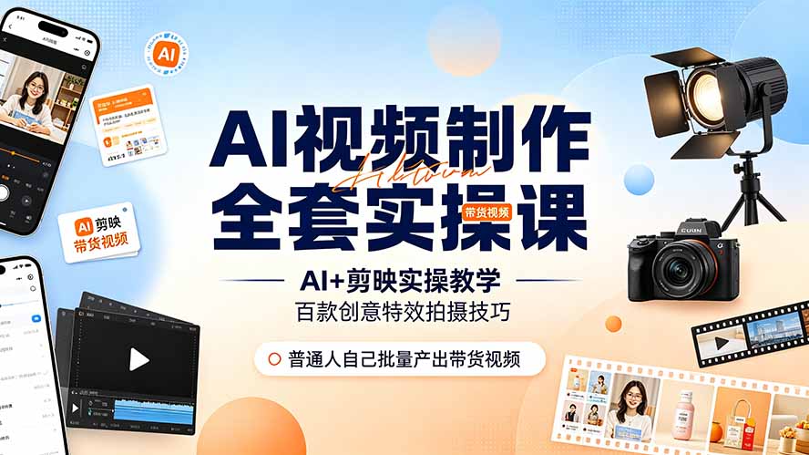 AI视频制作全套实操课,多款AI工具搭配剪映教学,百种特效运镜拍摄实操,抖音账号带货运营全覆盖-创学资源站