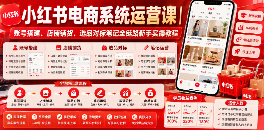 小红书电商系统运营课|账号搭建、店铺铺货、选品对标笔记全链路新手实操教程-创学资源站