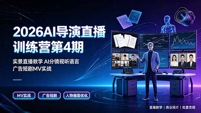 2026AI导演直播训练营第4期,实景直播教学AI分镜视听语言,广告短剧MV实战,解决人物画面崩坏痛点-创学资源站