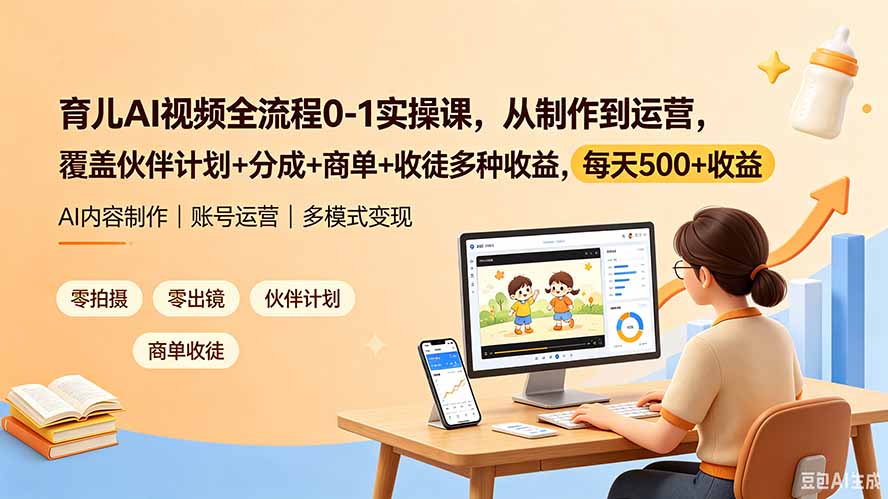 育儿AI视频全流程0-1实操课,从制作到运营,覆盖伙伴计划+分成+商单+收徒多种收益,每天500+收益-创学资源站