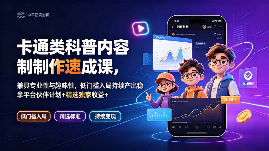 卡通类科普内容制作速成课,兼具专业性与趣味性,低门槛入局持续产出稳拿平台伙伴计划+精选独家收益-创学资源站