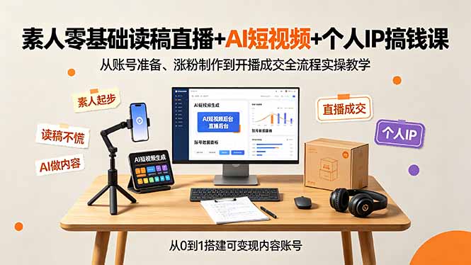 素人零基础读稿直播+AI短视频+个人IP搞钱课,从账号准备、涨粉制作到开播成交全流程实操教学-创学资源站
