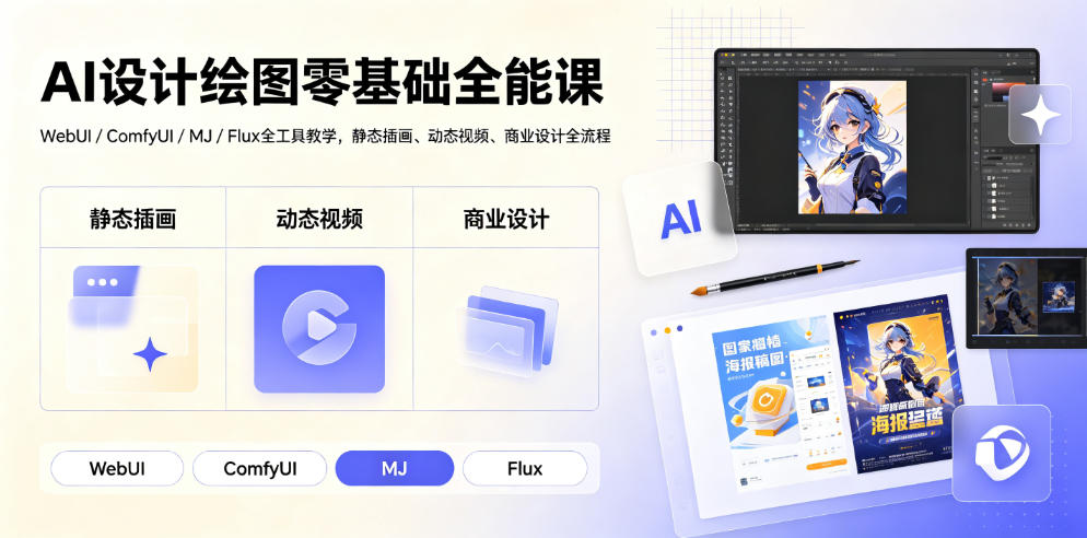 AI设计绘图零基础全能课|WebUI/ComfyUI/MJ/Flux全工具教学,静态插画、动态视频、商业设计全流程-创学资源站