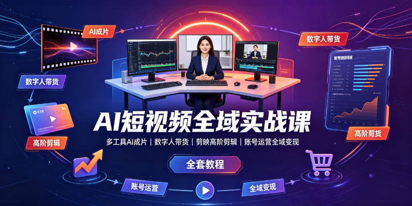 AI短视频全域实战课|多工具AI成片、数字人带货、剪映高阶剪辑、账号运营全域变现全套教程-创学资源站