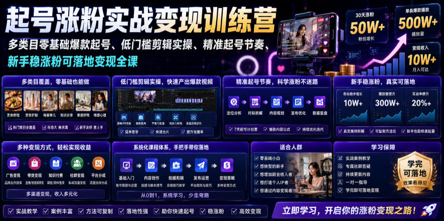 苗子起号涨粉实战变现训练营,多类目零基础爆款起号、精准起号节奏、新手稳涨粉可落地变现全课-创学资源站