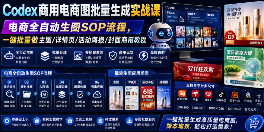 Codex商用电商图批量生成实战课|电商全自动生图SOP流程,一键批量做主图/详情页/活动海报/封面商用教程-创学资源站