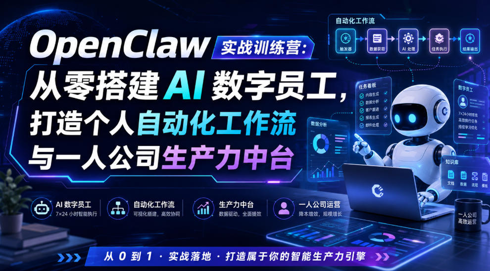 OpenClaw实战训练营：从零搭建AI数字员工，打造个人自动化工作流与一人公司生产力中台-创学资源站
