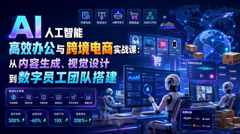 AI人工智能高效办公与跨境电商实战课：从内容生成、视觉设计到数字员工团队搭建-创学资源站