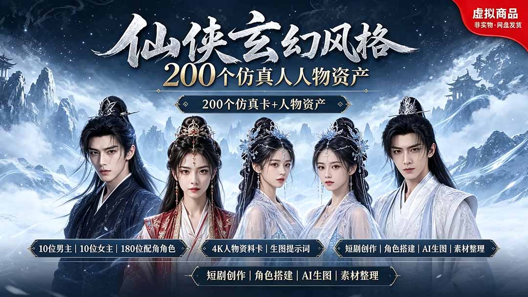 200个仙侠玄幻仿真人素材◆10男主×10女主×180配角，4K资料卡+AI生图提示词，漫剧必备-创学资源站