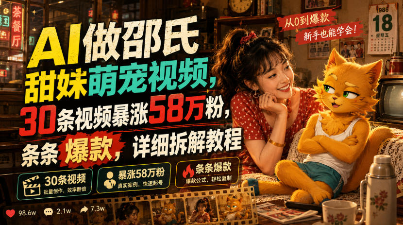 AI做邵氏甜妹萌宠视频，30条视频暴涨58万粉，条条爆款，详细拆解教程-创学资源站