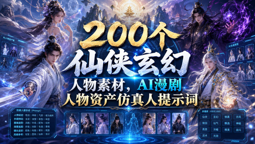 200个仙侠玄幻人物素材,AI漫剧人物资产仿真人提示词-创学资源站