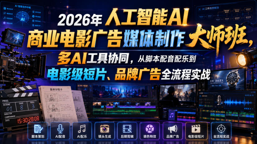 2026年人工智能AI商业电影广告媒体制作大师班,多AI工具协同,从脚本配音配乐到电影级短片、品牌广告全流程实战(中英字幕)-创学资源站
