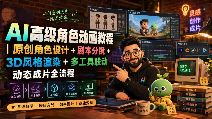 AI高级角色动画教程｜原创角色设计+剧本分镜+3D风格渲染+多工具联动动态成片全流程【中英字幕】-创学资源站